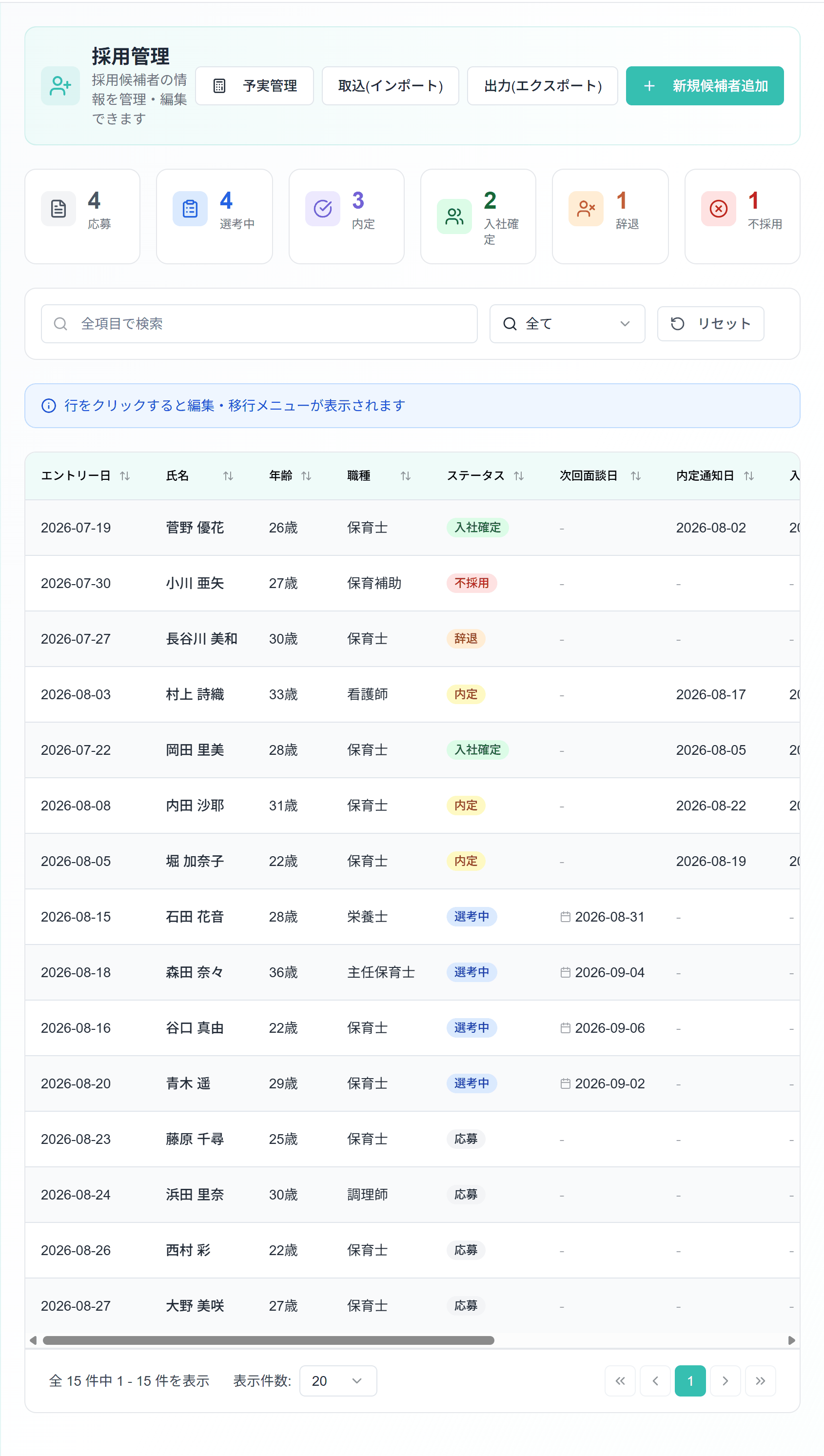 ゆりかごの採用管理画面。応募・選考中・内定・入社確定の人数と、候補者一覧。