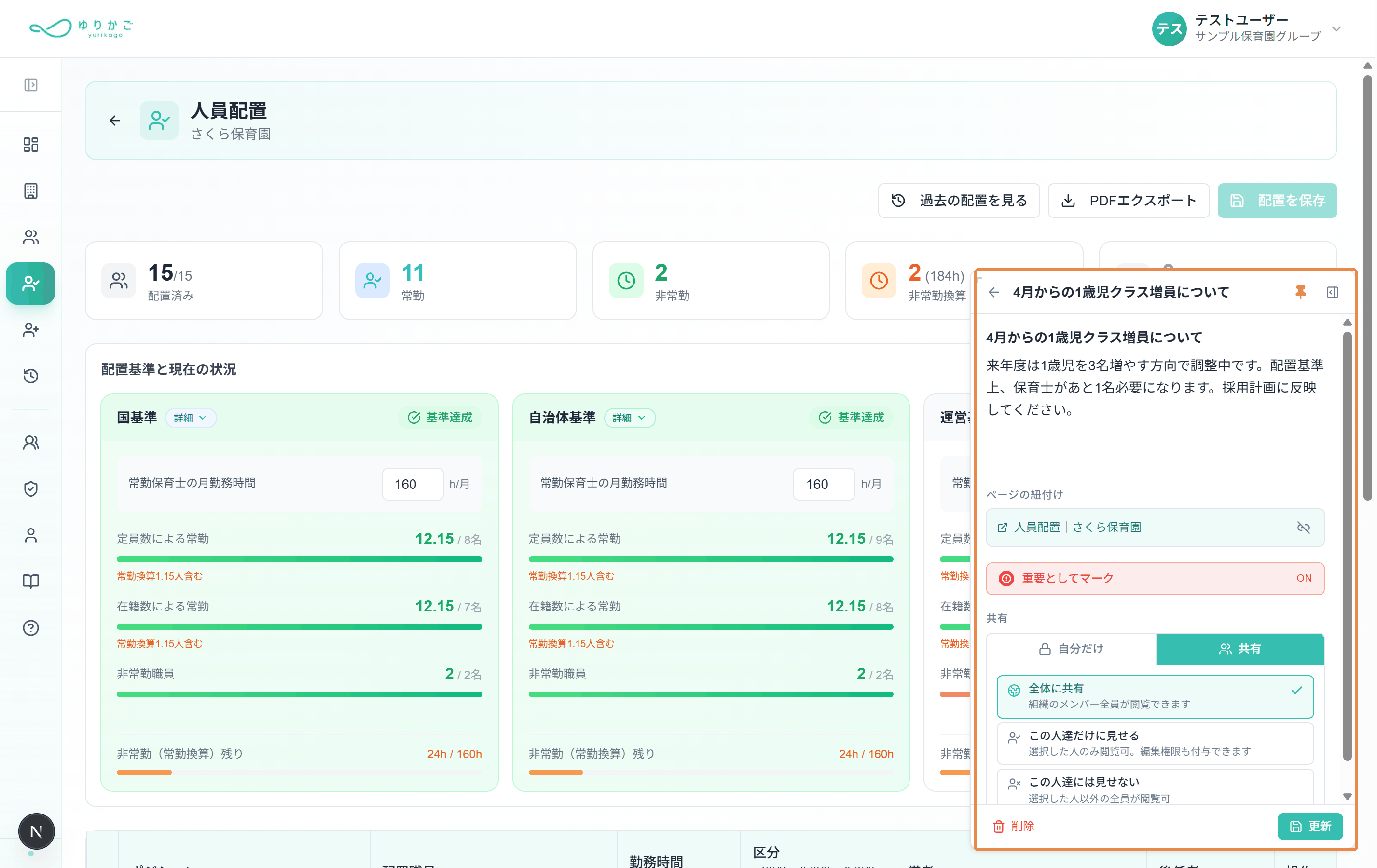 ゆりかごの画面。左に人員配置の画面が開いたまま、右側にメモのパネルが開いている。