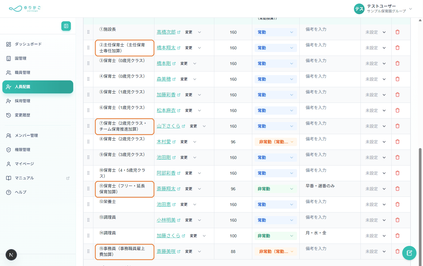 ゆりかごの人員配置表。ポジション・配置職員・勤務時間・区分・備考・後任者が並び、加算つきのポジションがオレンジで囲まれている。